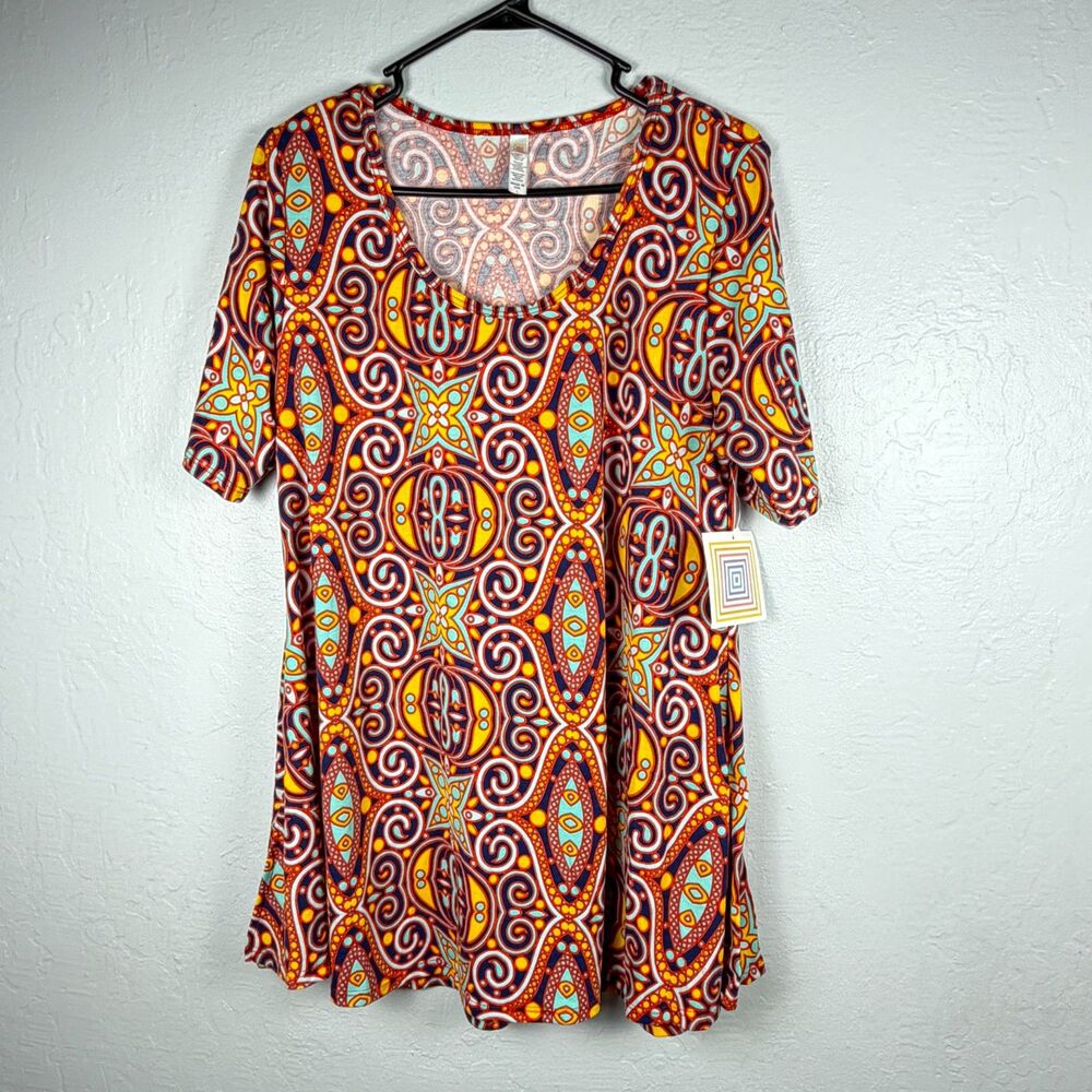 LuLaRoe Perfect T Women’s Large NWT Orange Blue Geometric Tribal Tunic Top